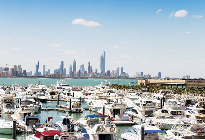 Yacht parked in Marina Crescent with Kuwait City