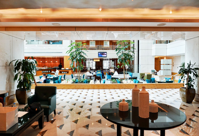 Interior view of Marriot hotel lounge with seating areas,