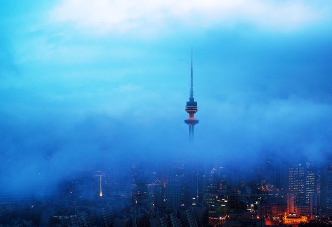Liberation Tower under fog in kuwait city