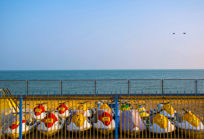 Rental jet ski are parked at the beach of Kuwait
